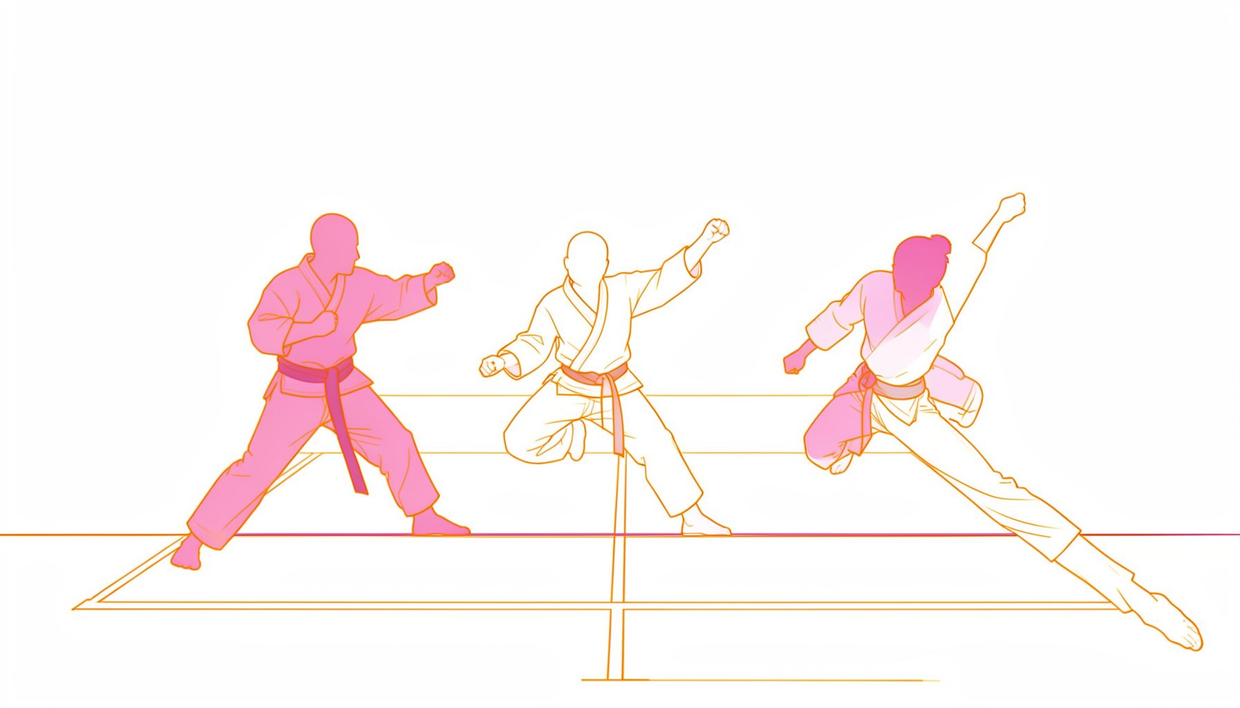 Silhouettes de judokas en action sur un tatami, tons magenta et or, ambiance sportive