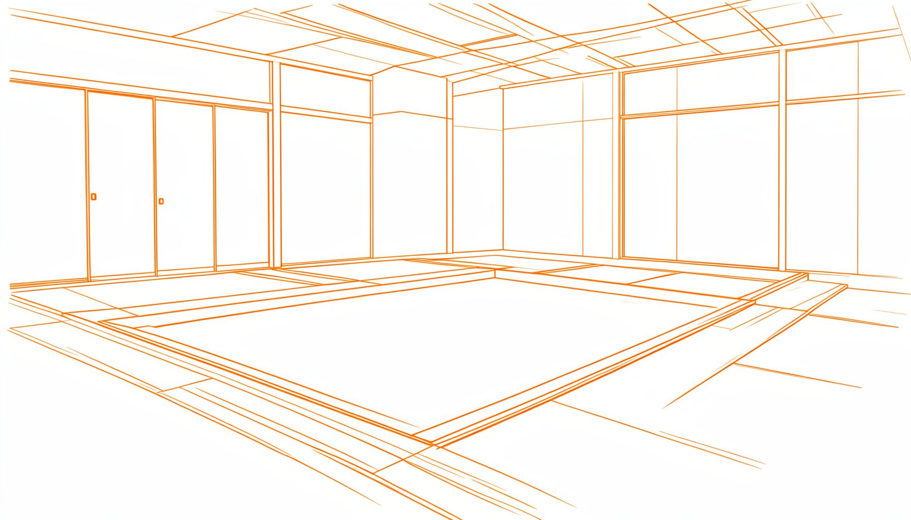 Dessin au trait d'un dojo avec tatamis, lignes épurées, ambiance calme et disciplinée